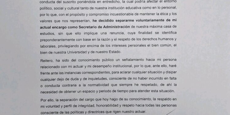 Marco Batarse Contreras se separa del cargo como secretario de administración en la UAT