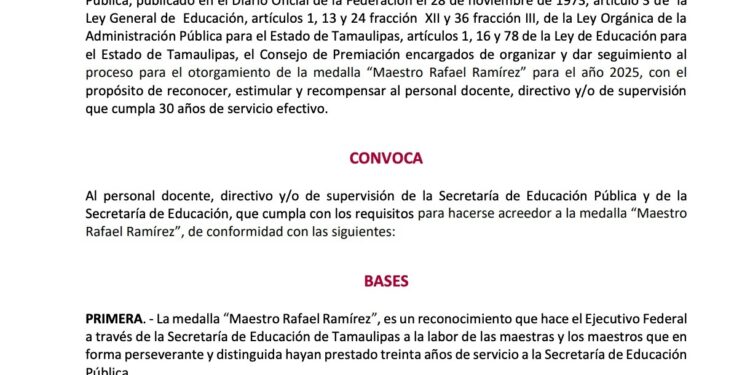 Convocan a docentes de Tamaulipas a recibir la medalla “Maestro Rafael Ramírez” 2025