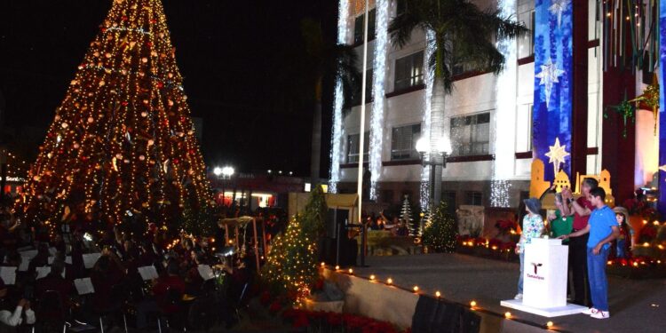 Encienden Américo y María monumental pino navideño