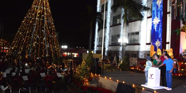 Encienden Américo y María monumental pino navideño