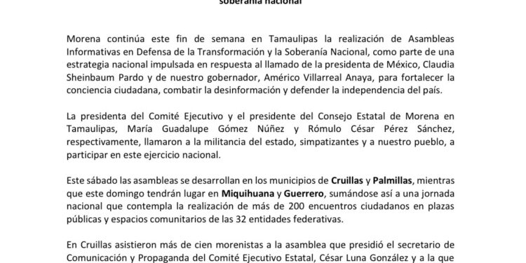 Lleva Morena a Cruillas, Palmillas, Miquihuana y Guerrero asambleas en defensa de la soberanía nacional